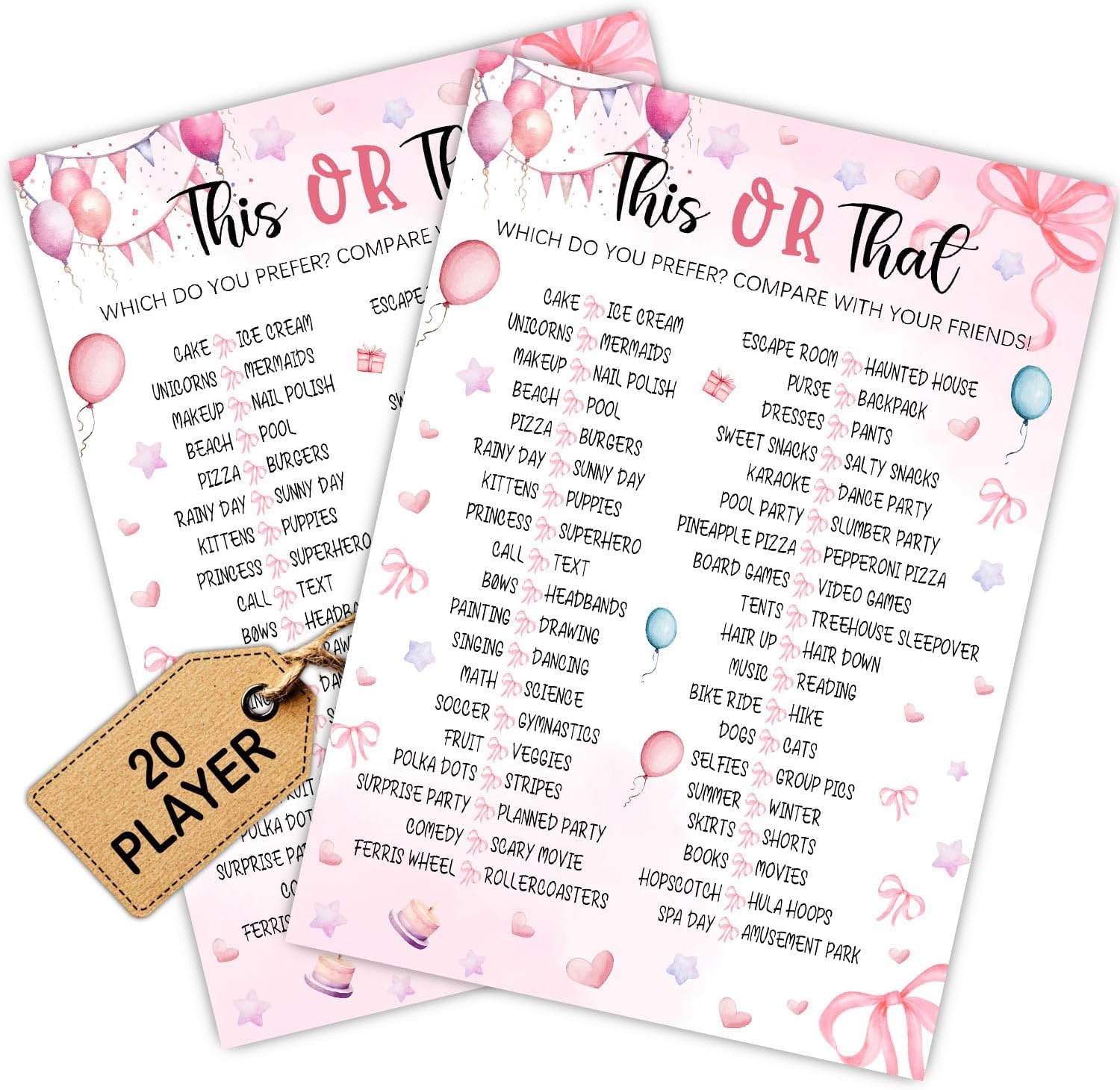 Pink Slumber Party Games Card -Sleepover Stuff- Coquette Pink Bow Themed Sleepover Slumber Party Supplies- Birthday Night Games Creative Idea -This or That- 20 Game Cards