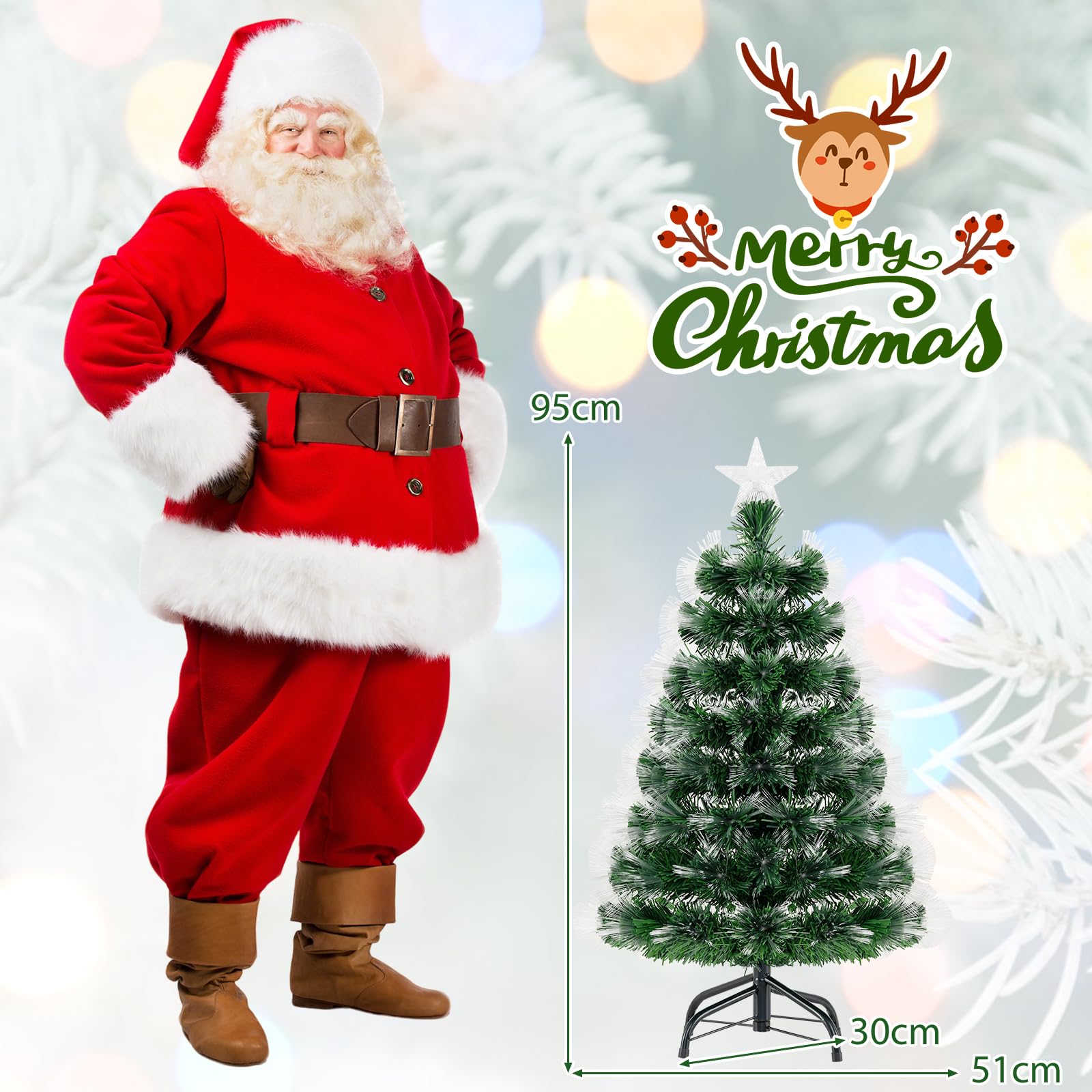 COSTWAY Sapin de Noël à Fibre Optique 95 CM, Sapin Artificiel Pré-éclairé avec 93 Branches, Étoile de Sommet & Pied Métallique Pliable, Arbre Lumineux pour Fêtes de Maison, Bureau, Carnaval