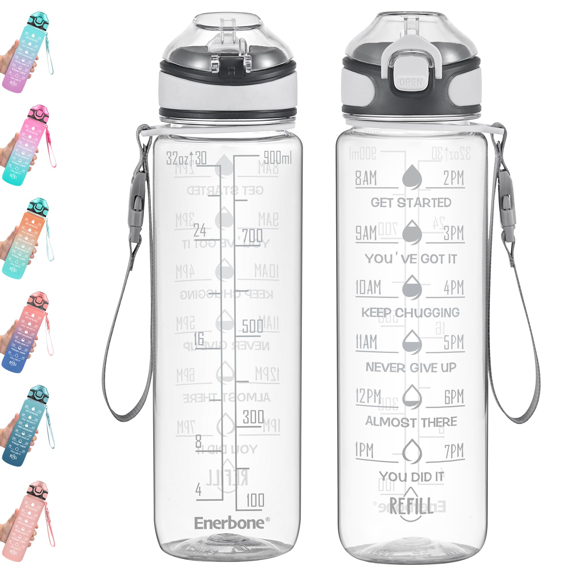 Enerbone 32 oz Water Bottle with Times to Drink and Straw Motivational Drinking Water Bottles with Carrying Strap