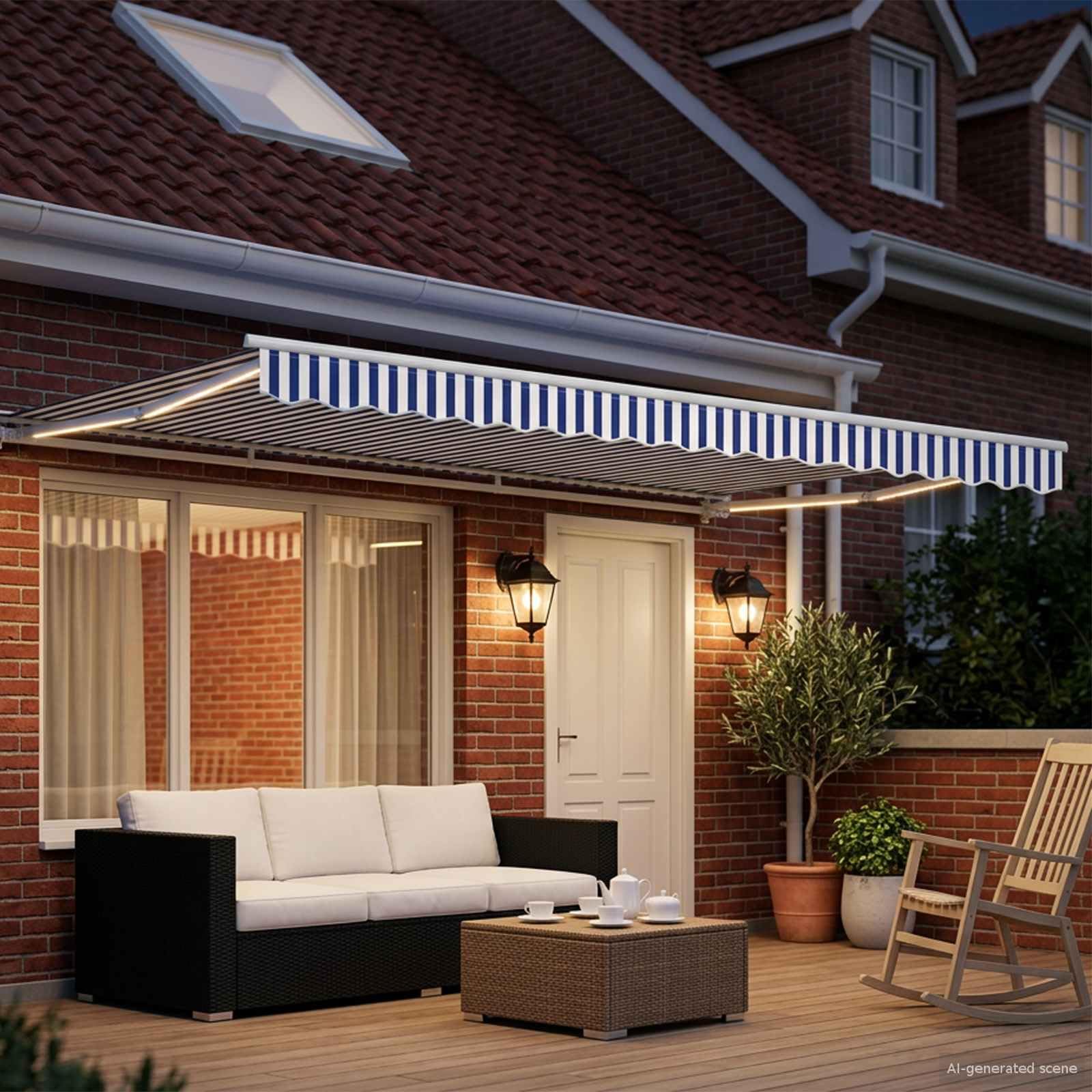 Toldo articulado manivela mando a distancia azul blanco 4 x 3,5 m