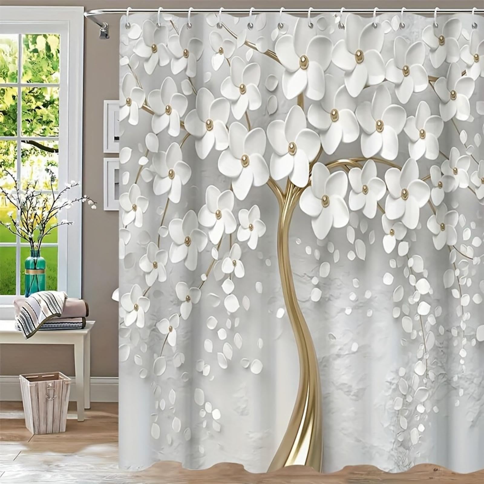 Rideau de douche floral blanc 90x220cm avec ses 12 crochets inclus pour salle de bain