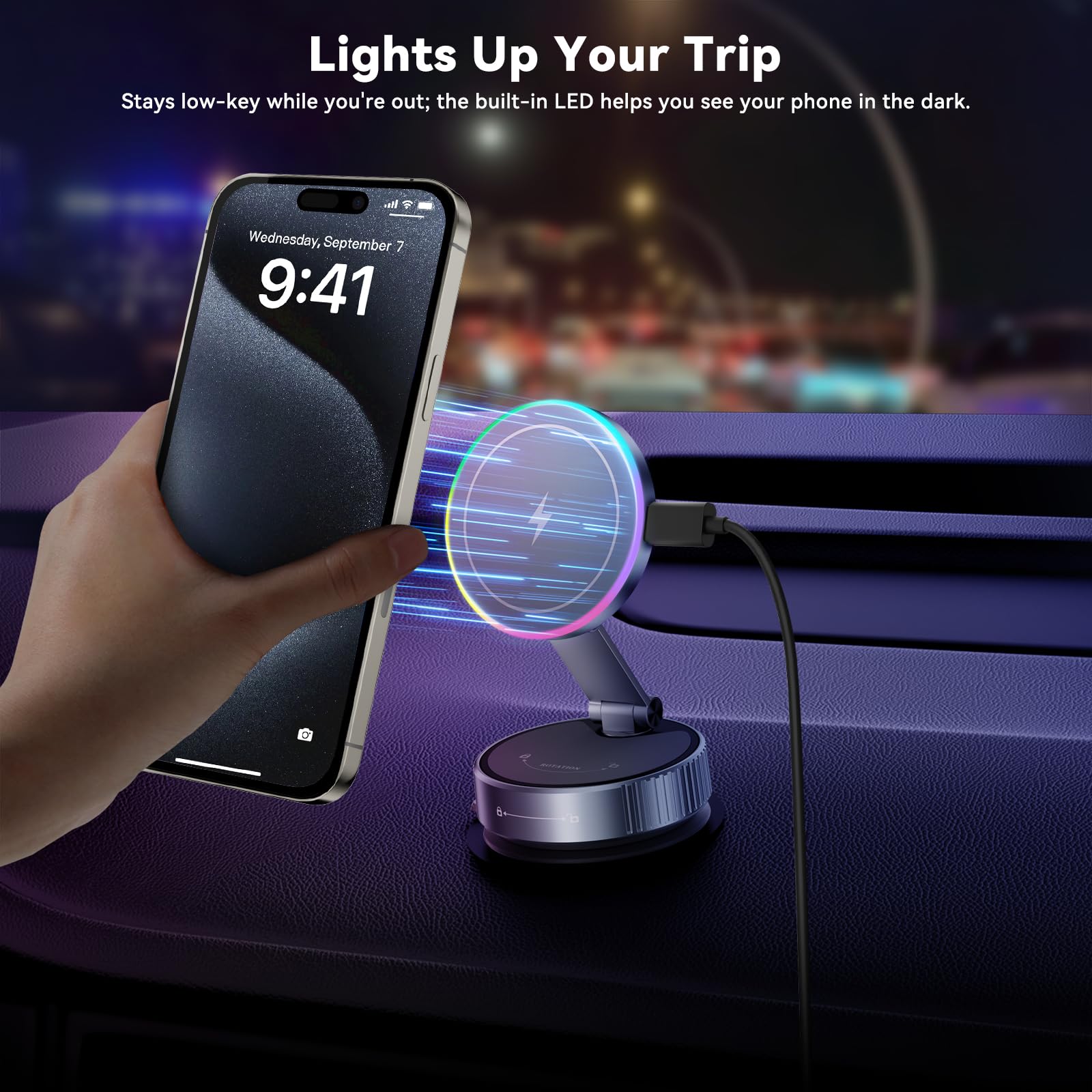 CloudValley Soporte Cargador MagSafe para Coche, Carga Inalámbrica Rápida 15W, Ventosa Vacío Giratoria 360°, Soporte Magnético con Luz RGB para iPhone 17/16/15/14/13/12/Salpicadero/Parabrisas