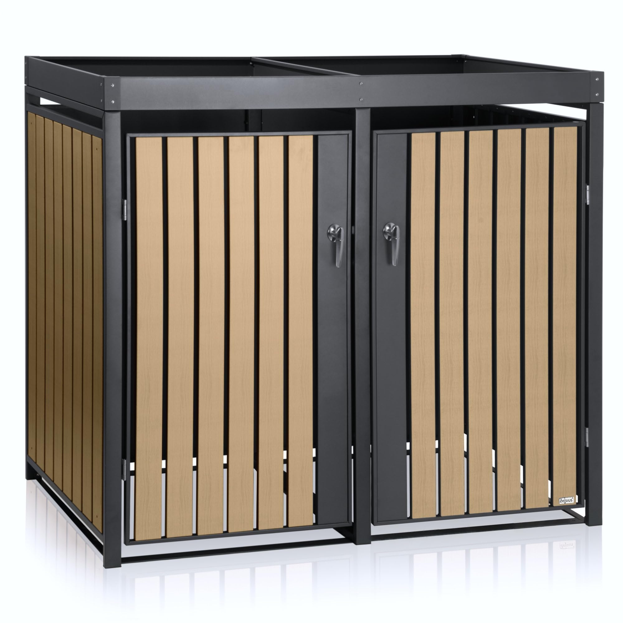 Zelsius Mülltonnenbox 4er mit Pflanzdach für 4 Tonnen | 120-240 Liter | Anthrazit RAL 7016 | Tür in Holzoptik inkl. Erweiterungsmöglichkeit | Aufbewahrungsbox für Mülltonnen, Müllbox