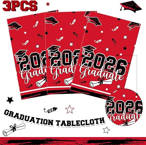 Miniatura 3 de Decoraciones de fiesta de graduación para clase de 2024, mantel rojo de graduación de 3 piezas, mantel de plástico de felicitación para universidad,