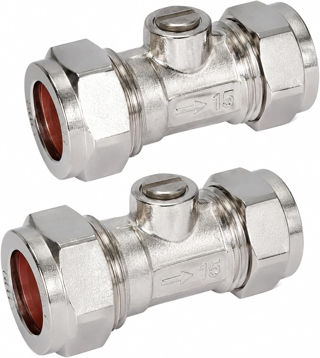 Pipestation 15 mm Compression Isolation Valves, 2 Pack, Chrome | Quarter-turn shut-off control for hot and cold 15 mm pipework; chrome finish with compression nuts and olives included