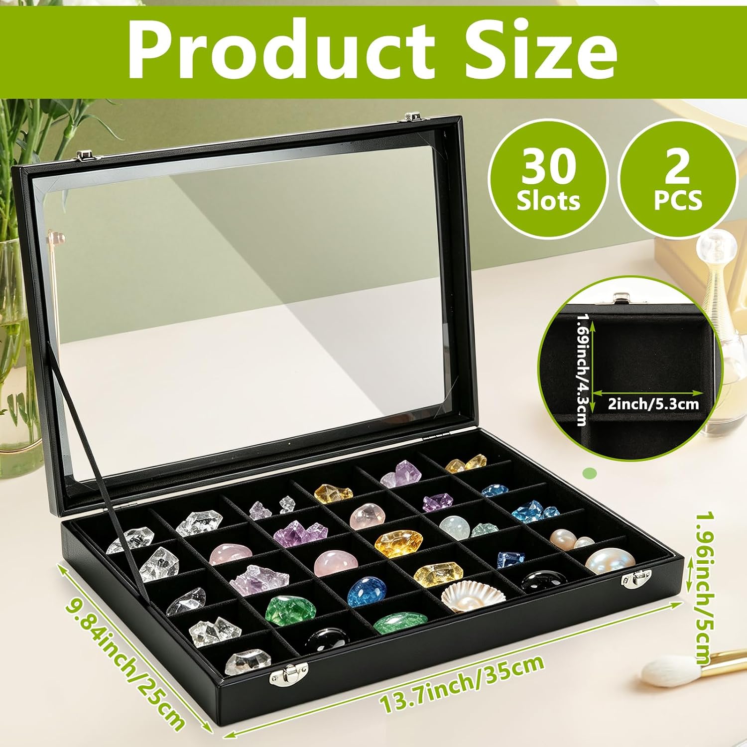STARVAST 2 Pcs Jewelry Organizer Box, 30 Grid Earring Holder with Clear Lid, Black Faux Leather Display Tray for Rings Studs Charms and Small Accessories Storage