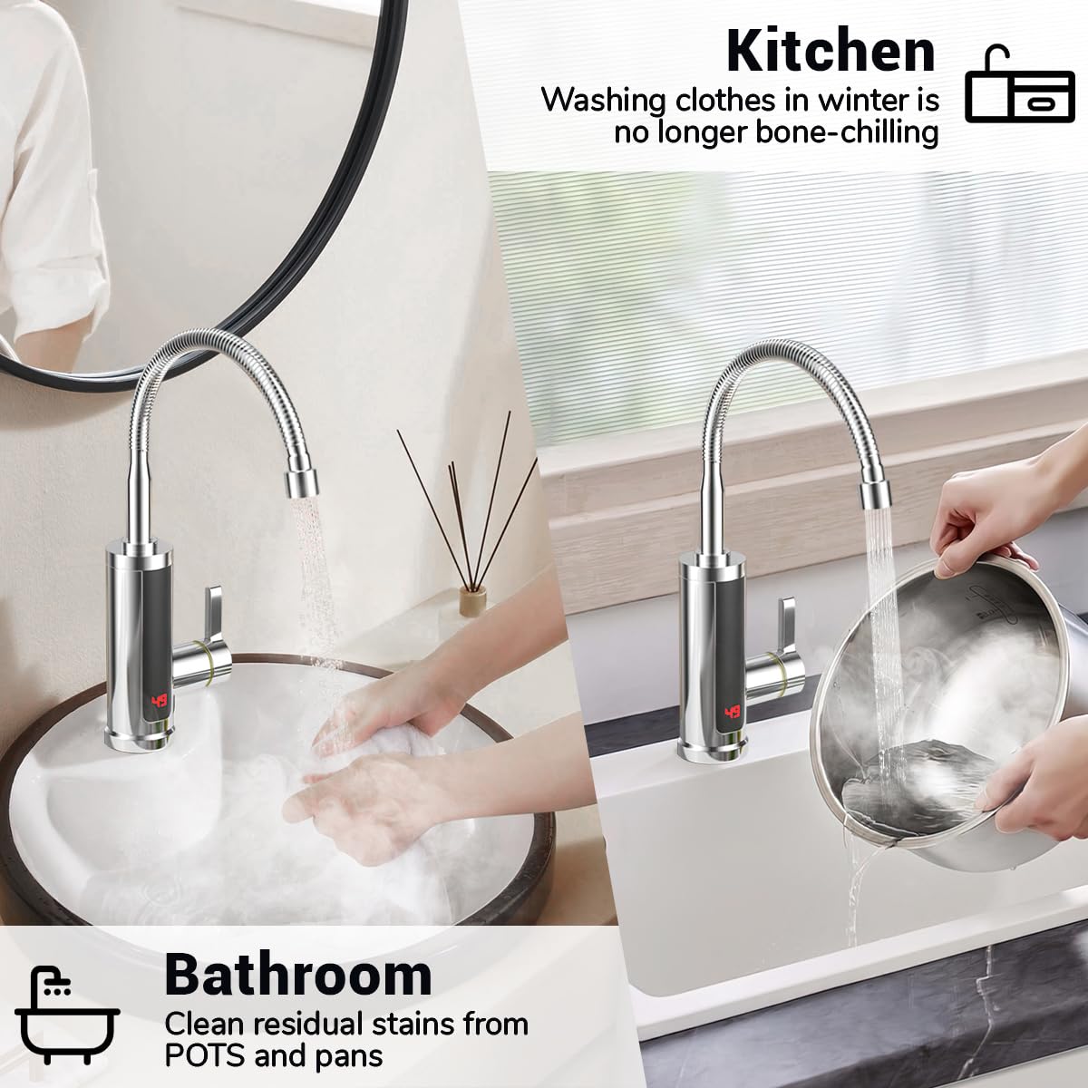 Grifo con Calentador de Agua Instantaneo, Grifo Eléctrico con Calentador de Agua Instantáneo, Grifo Calentador de Agua Instantáneo LED Giratorio 360°, Grifo Eléctrico 220V 3000W