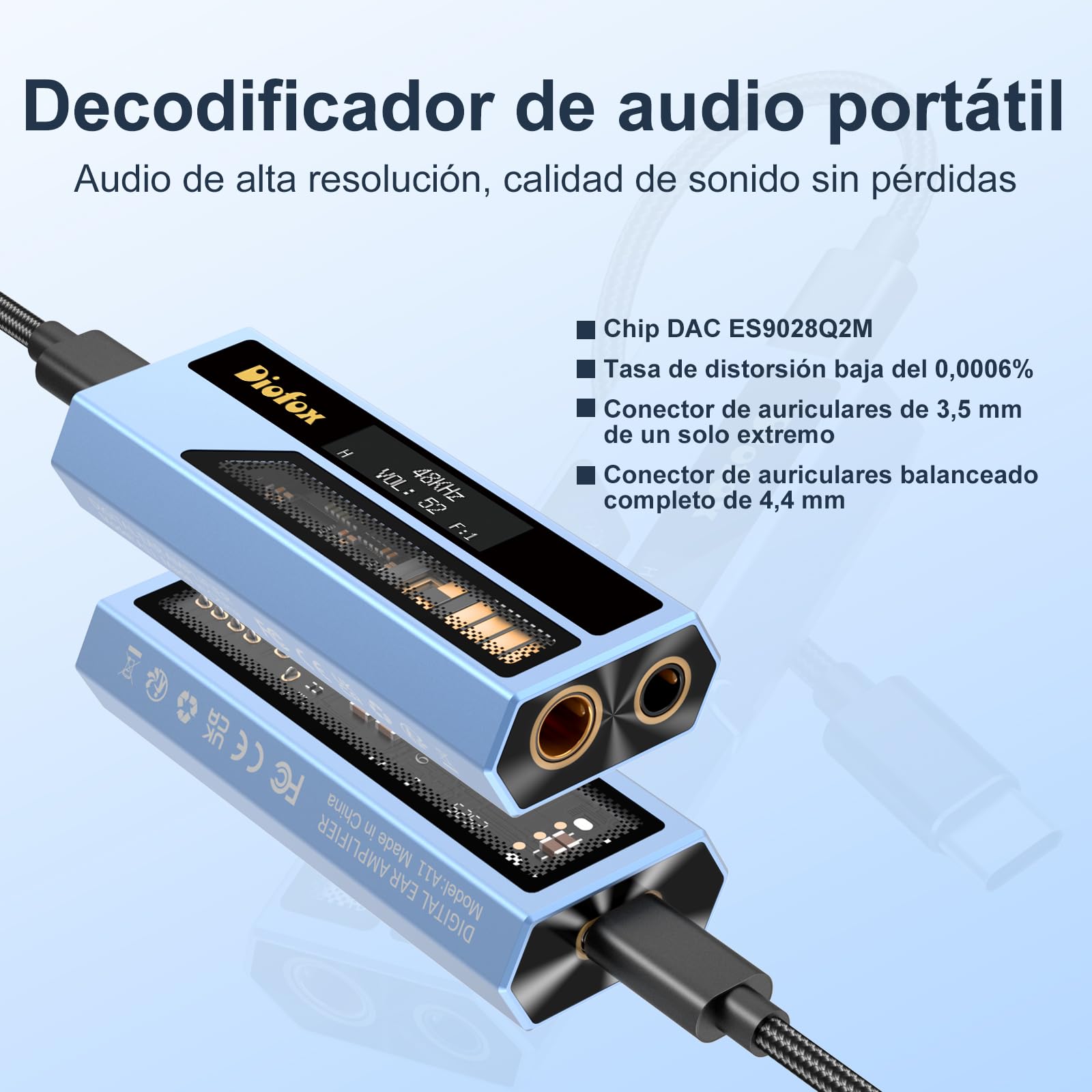 Diofox USB-C DAC Kopfhörerverstärker, tragbarer Audio Decoder, Hi-Fi verlustfreier Klang, ES9028Q2M Chip, 3,5 mm & 4,4 mm dualer Kopfhörerausgang, für PC, Mobiltelefone, iPad (Blau)