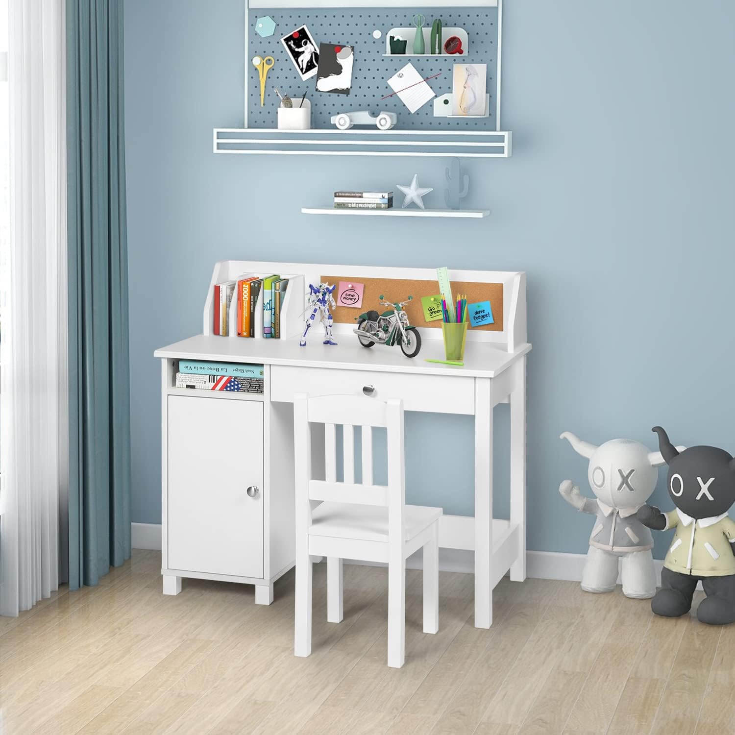 Buy 1 get 1 🔥 Kids Study Desk with Chair Kids Desk and Chair Set with Storage Children's Media Desk and Chair Set Student Writing Workstation Wooden Kids Bedroom Furniture White