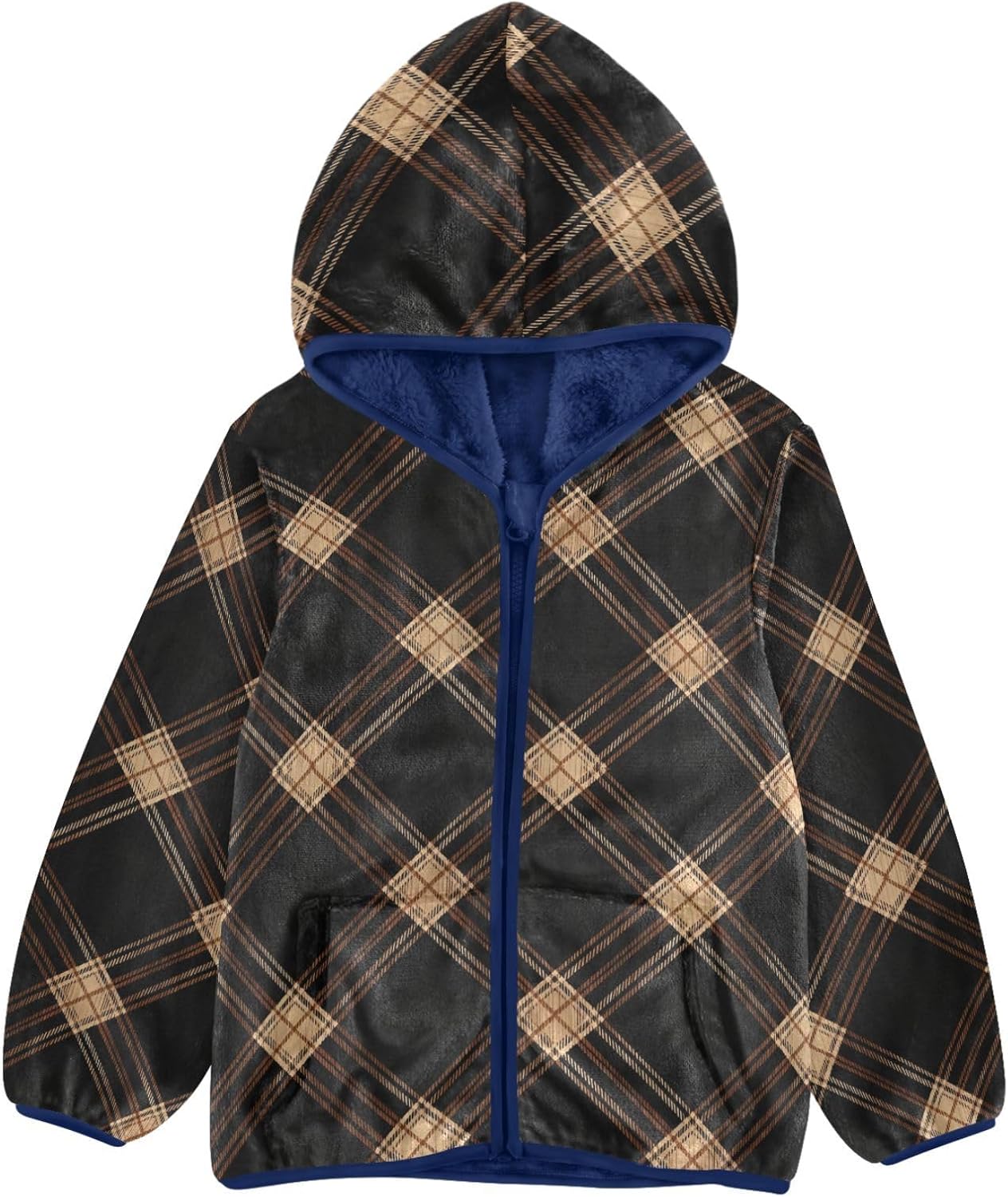 Black Plaid Pattern Toddler Winter Jackets Outerwear Jackets & Coats Navy Blue Baby Boy Hooded Fleece Jacket