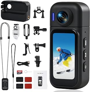 Action Camera with Touchscreen, 8-Hour Battery & 30M Waterproof – 120° Wide Angle, WiFi, POV Portable Body Camera 64GB, Charging Case, Magnetic Mount 10+ Accessories for Travel, Sports (Black)