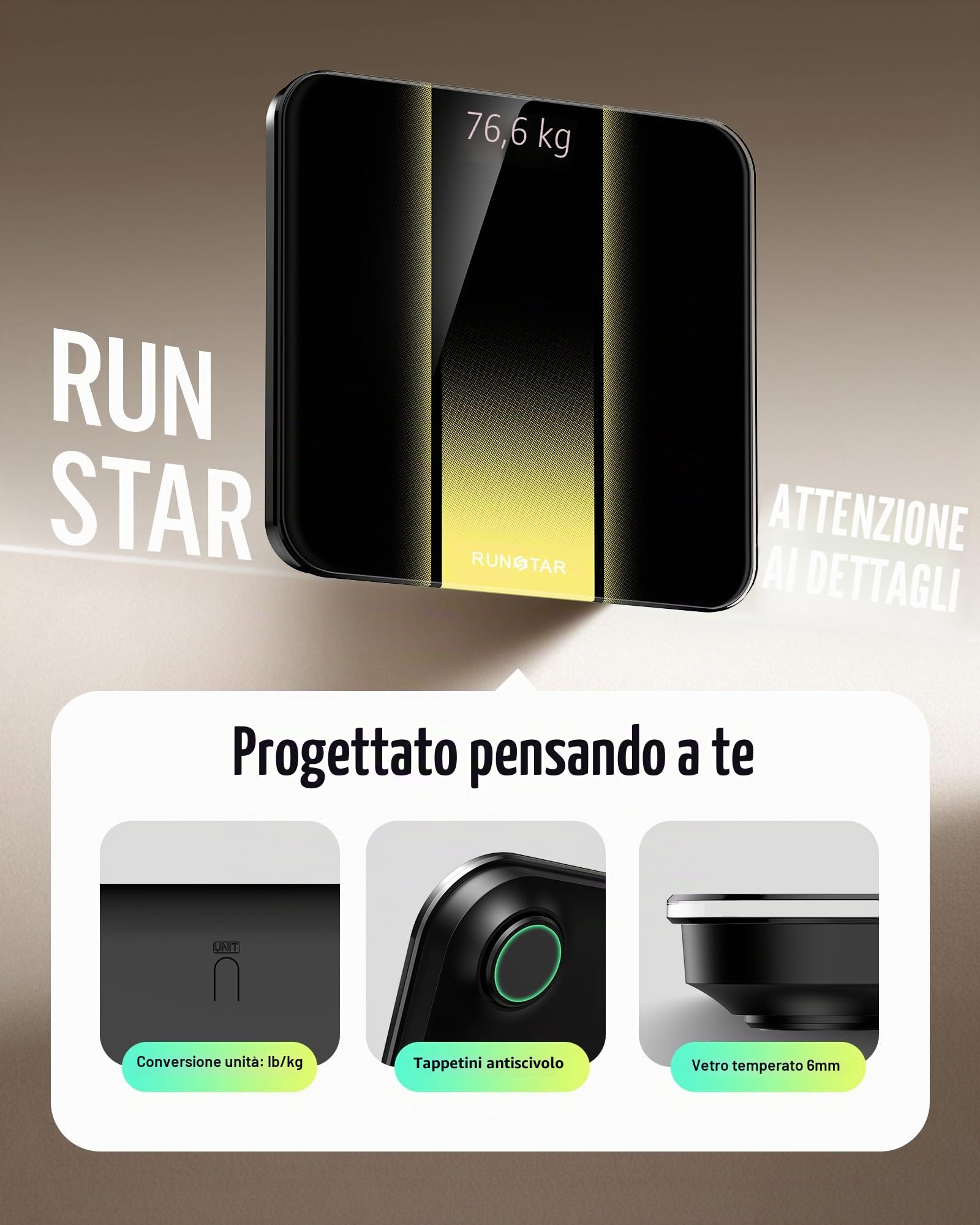 RunStar Bilancia Pesapersone Digitale, Bilancia professionale ad alta Precisione, Max 180 kg, Display Retroilluminato a LED Chiaro, Bilancia Precisa in Vetro Temperato da 6 mm