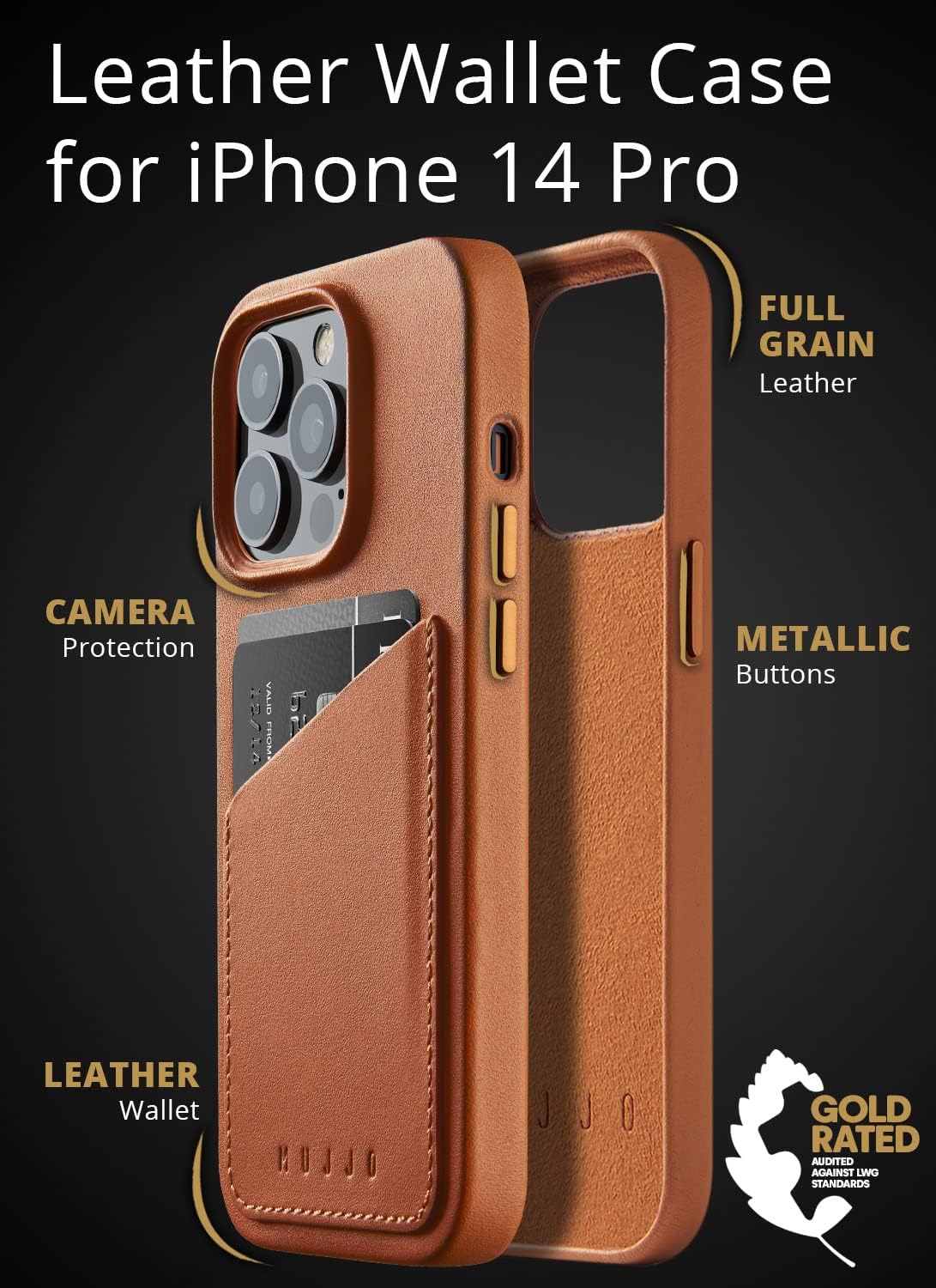 Mujjo Full Leather Wallet Case for iPhone 14 Pro with Card Holder (Tan)