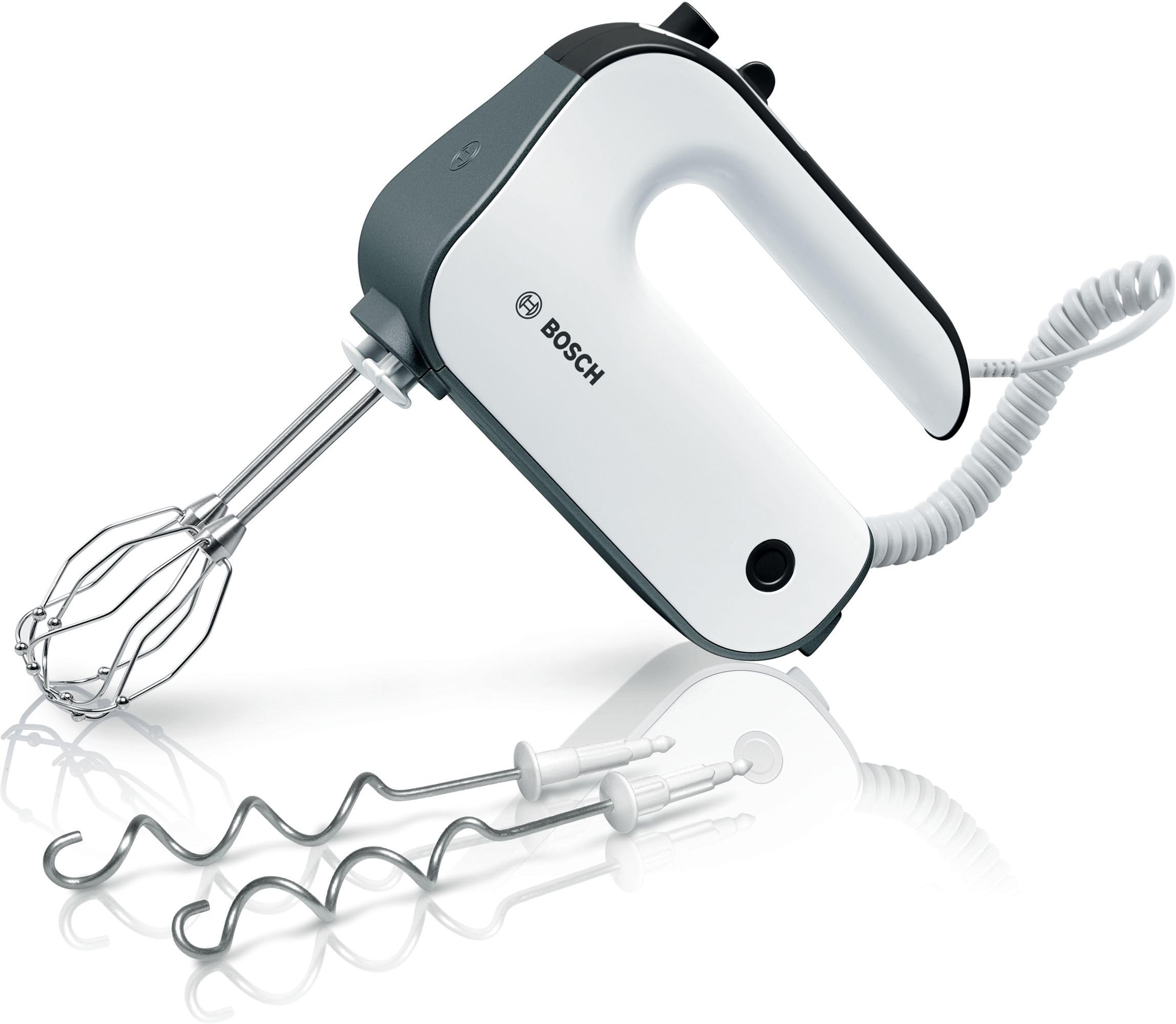 Bosch Sbattitore Elettrico MFQ49300, 850W, 5 Livelli di Velocità, Leggero e Impugnatura Comoda e Sicura, Fruste Incluse, Ganci per Impastare in Acciaio Inox Inclusi, Cavo a Spirale, Bianco, Grigio