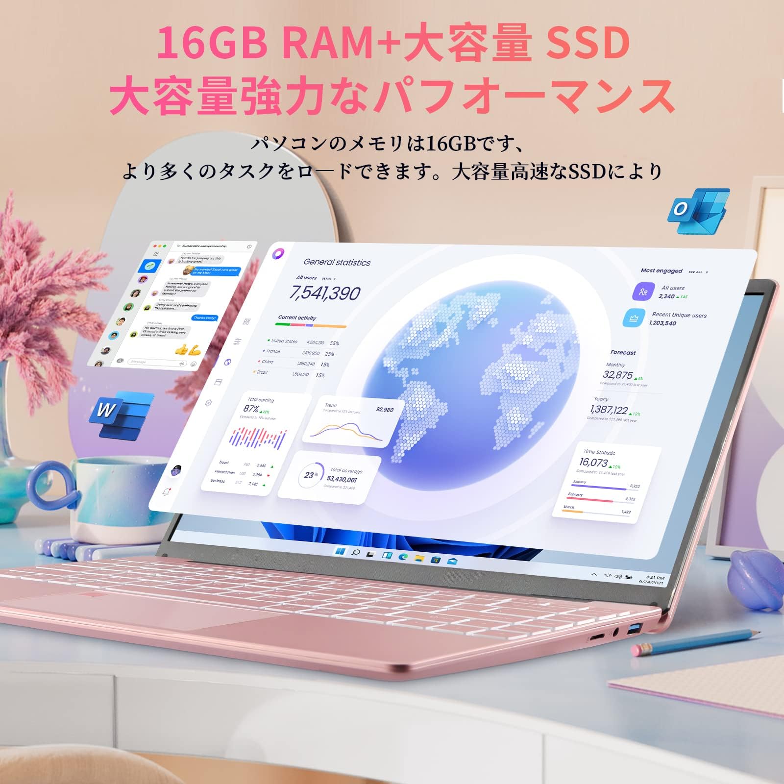 Amazon.co.jp: ESBOOK ノートパソコン14インチ ピンク 軽量薄型 1.3kg