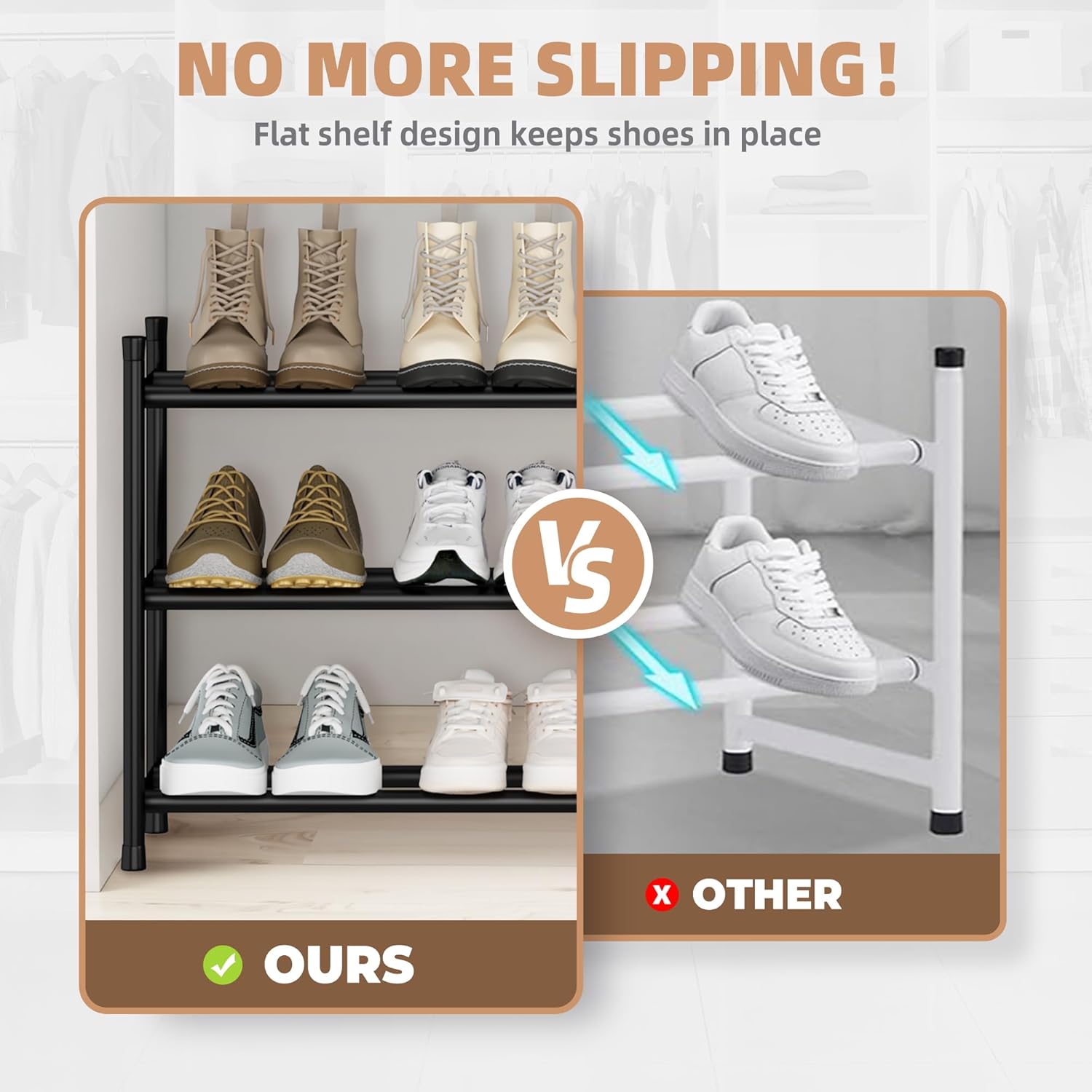 STORAGE MANIAC Long Expandable Shoe Rack, 18 Pairs Metal Wide Stackable Shoe Rack, Adjustable Shoes Shelf, Freestanding Shoes Organizer for Closet, Entryway, Hallway, Garage, Front Door, 3 Tiers