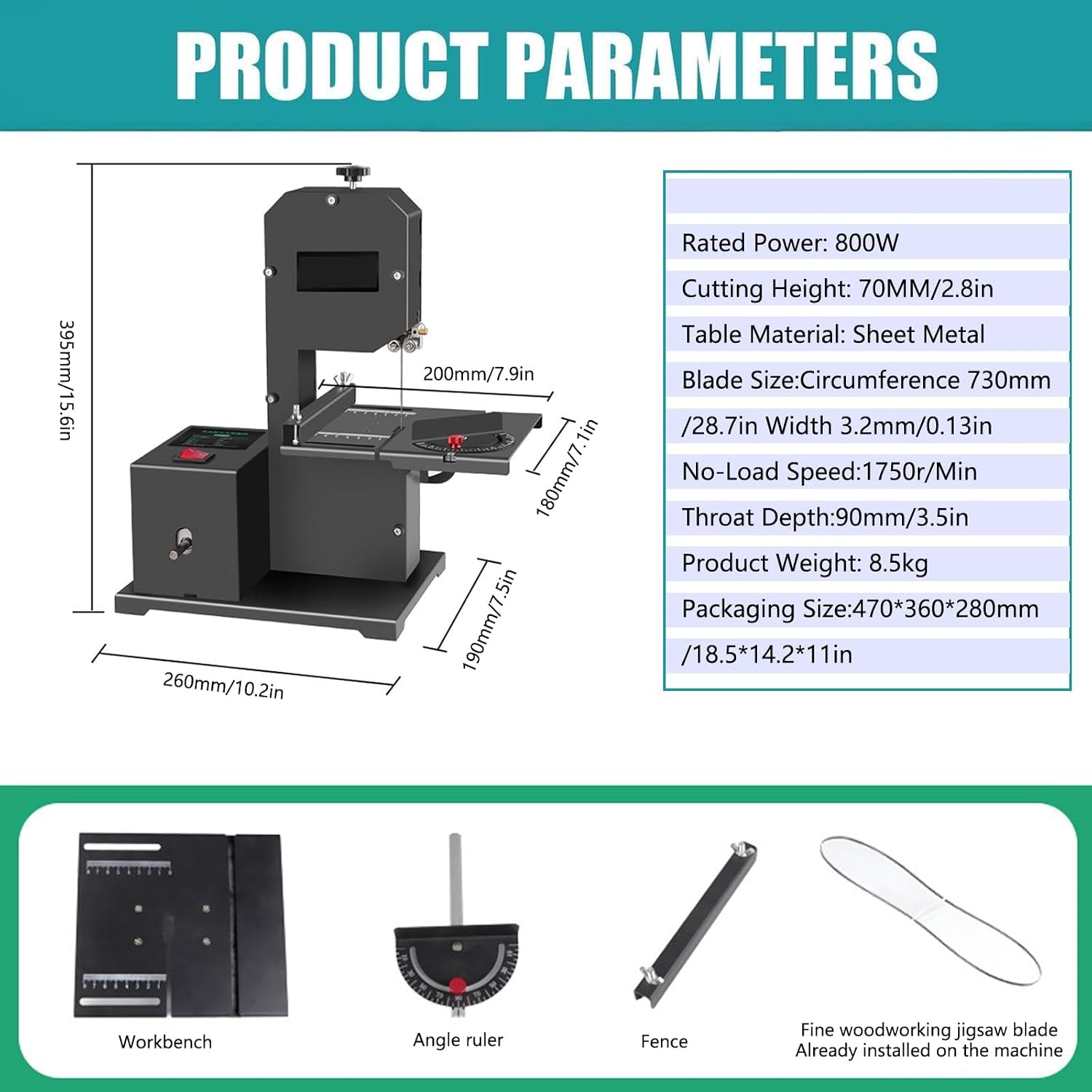 800W Benchtop Bandsaw, 0-45° Adjustable Bevel Cutting, 70mm Cutting Depth & 90mm Throat, Mini Band Saw for Wood, Acrylic & Foam