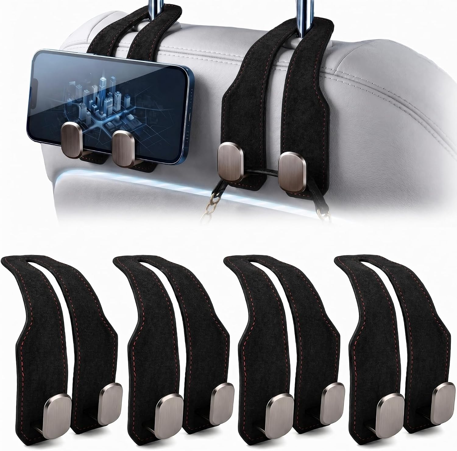 4PCS Headrest Hooks for Car - Suede Car Seat Hooks for Purses and Bags, Universal Car Organizers and Storage with Double Zinc Alloy Hook for Coat Phone Grocery (Black)