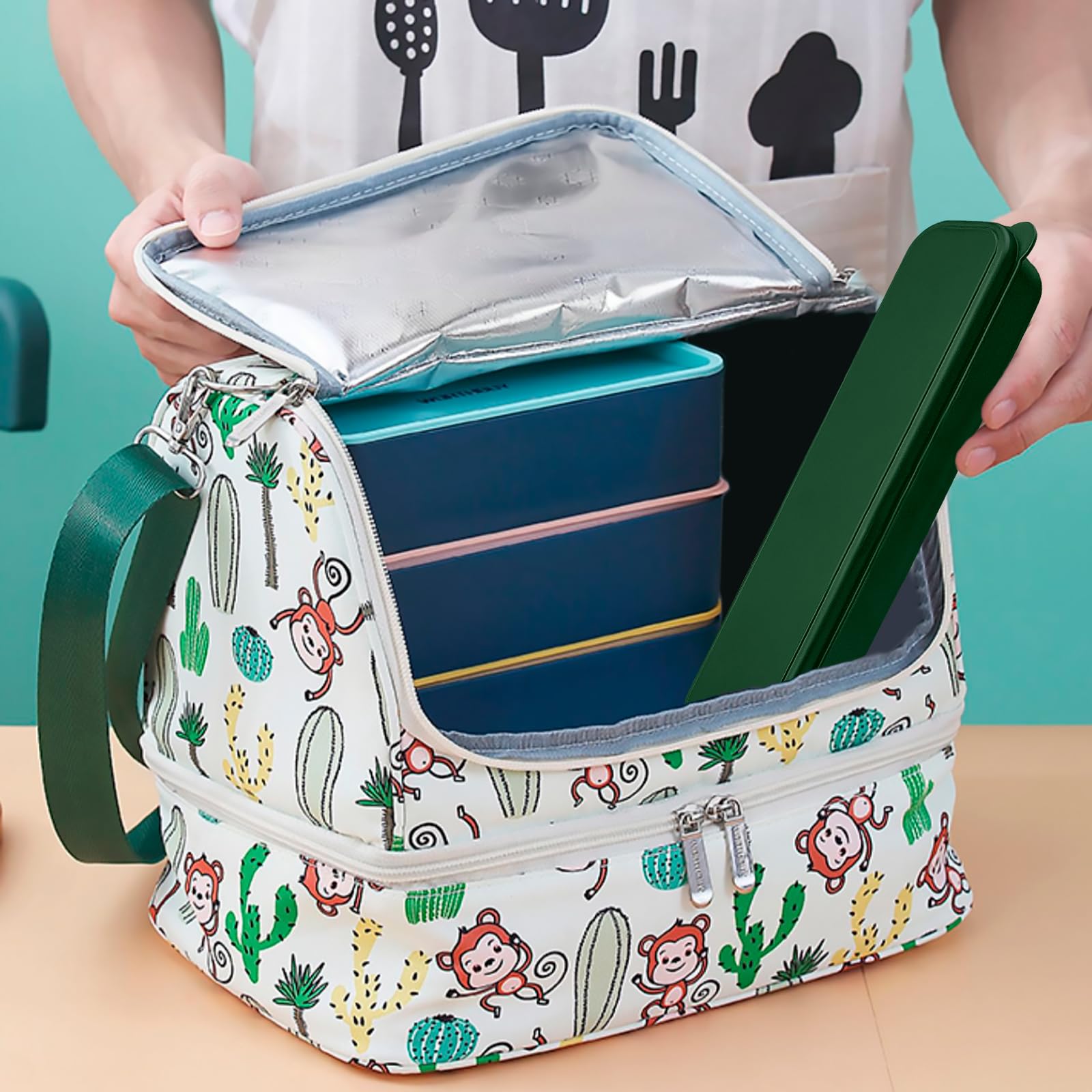 Tragbares Besteck-Set, Reiseutensilien-Set mit Etui, Reise-18/8 Edelstahl, Löffel und Gabel Set für Lunchbox, 3-teiliges Reisebesteck, ideal für Reisen, Camping, Büro