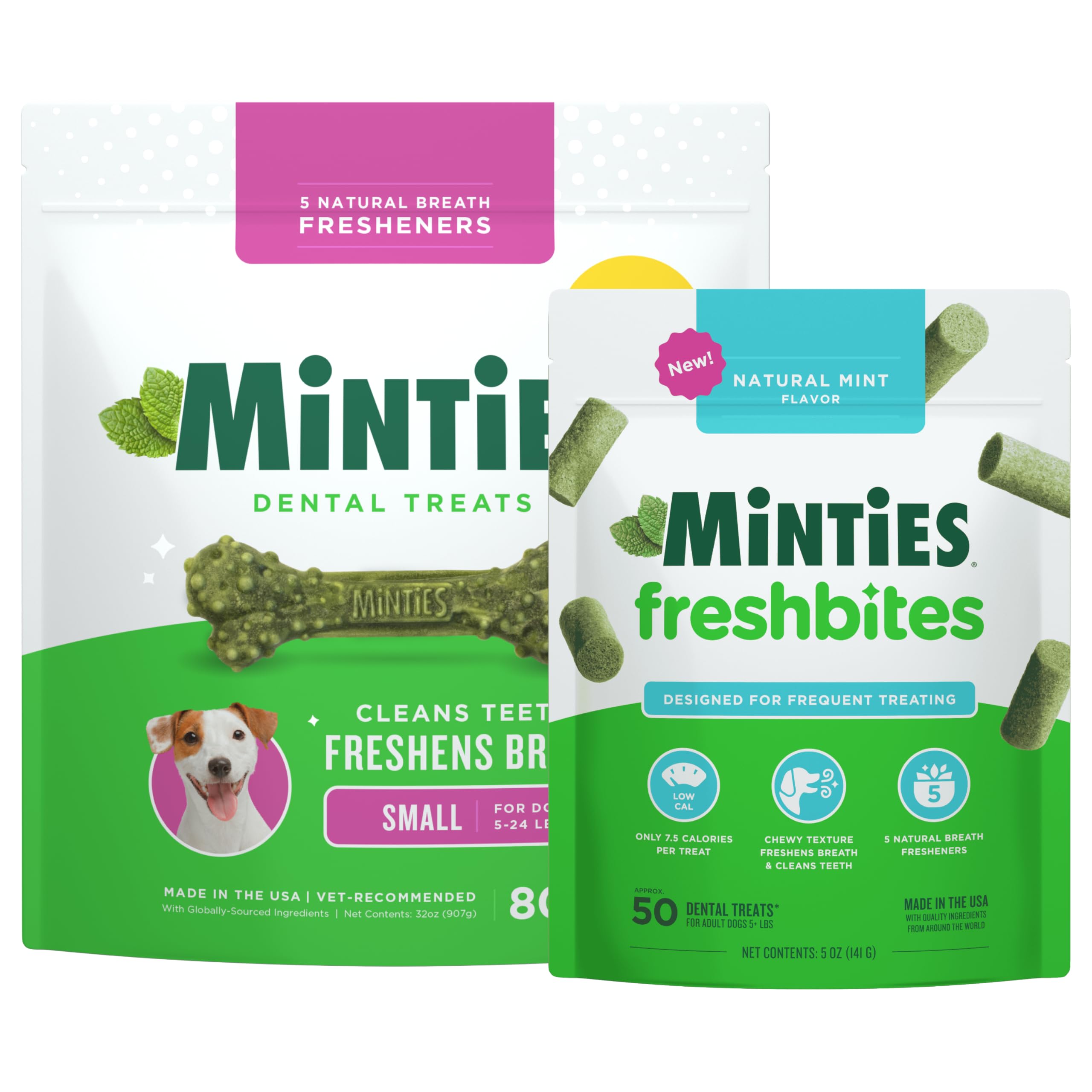 Minties Dog Dental Bone Treats, 80 Count FreshBites Soft and Chewy Dental Treats for Dogs, 50 Count