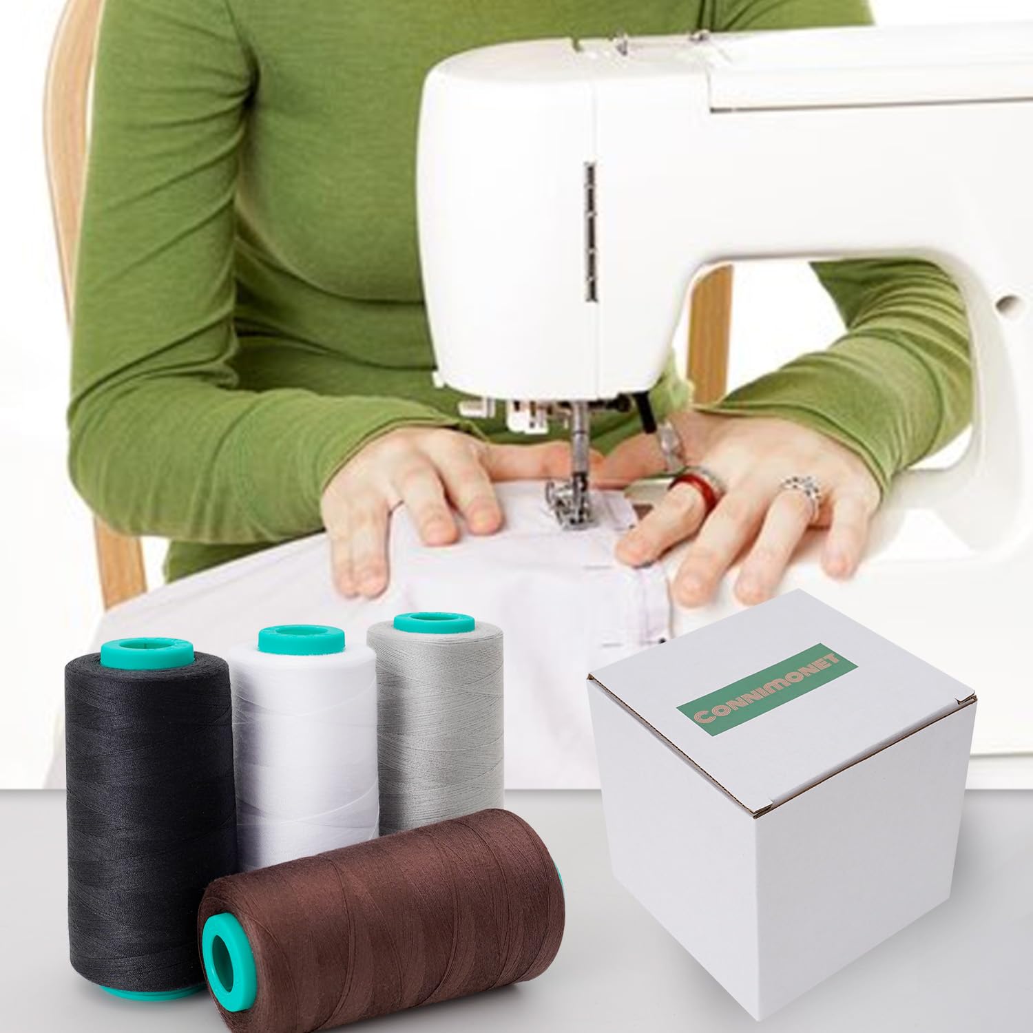 Nähgarnkegel, 4 Stück, 3000 m, Allzweck-Polyestergarn zum Nähen, Quilten, Overlock, Stickerei (Schwarz, Weiß, Braun, Grau)