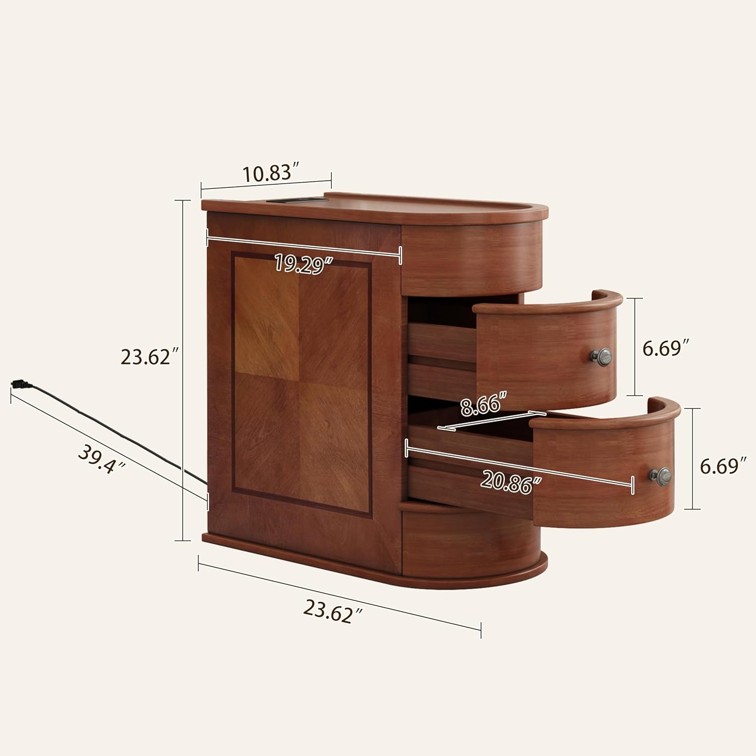 Wood End Table with Charging Station, Vintage Slim Sofa Side Table & Nightstand with 2 Drawers, Compact Wooden Storage for Living Room Bedroom Small Spaces, No Assembly Required, Brown