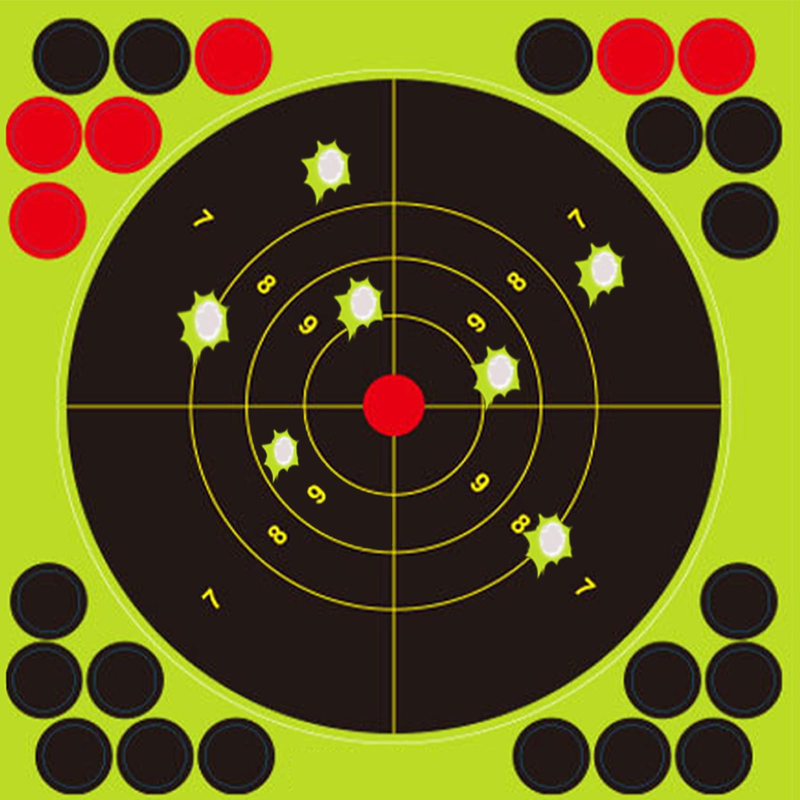 50 Pack 6x6 Inch Splatter Shooting Targets – 5 Inch Bullseye with Fluorescent Burst & Repair Patches – Ideal for Shooting Range Practice, Drills, Indoor & Outdoor Use