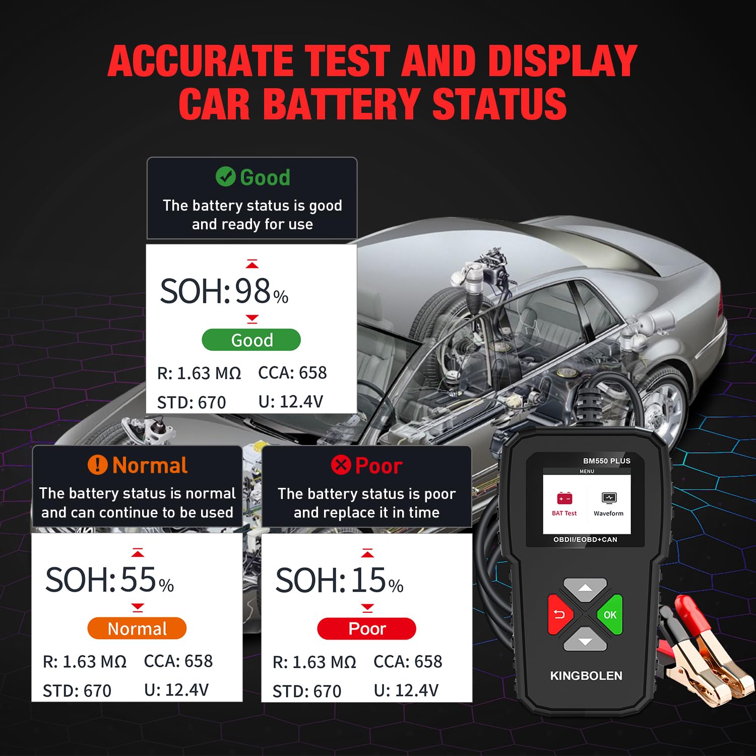 KINGBOLEN Comprobador de baterias de coche 24V/12V/6V, BM550 PLUS 2-220Ah 100-2000 CCA Pantalla LED arrancador baterias coches comprobador de pilas para coche apto para automóviles motocicleta ATV SUV