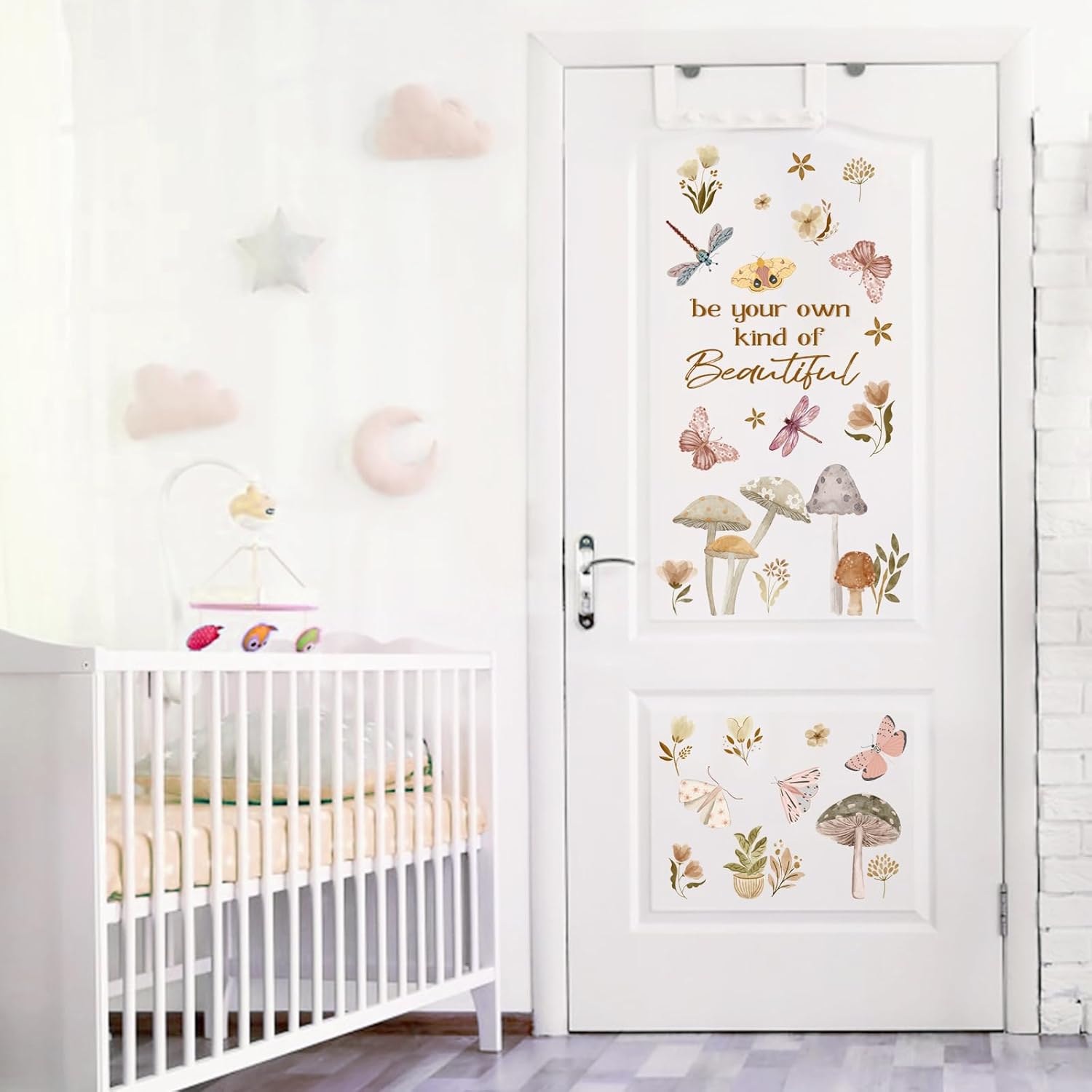 Mfault Boho Floral Mushroom Wall Decals Stickers, Inspirational Be Your Own Kind of Beautiful Butterfly Decorations Bedroom Art, Whimsical Botanical Flower Dragonfly Home Living Room Kitchen Decor