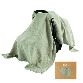TILLYOU Baby Car Seat Cover, Breathable Muslin Cotton Infant Car Seat Cover, Lightweight Canopy with Sun and Bug ProtectionGreen