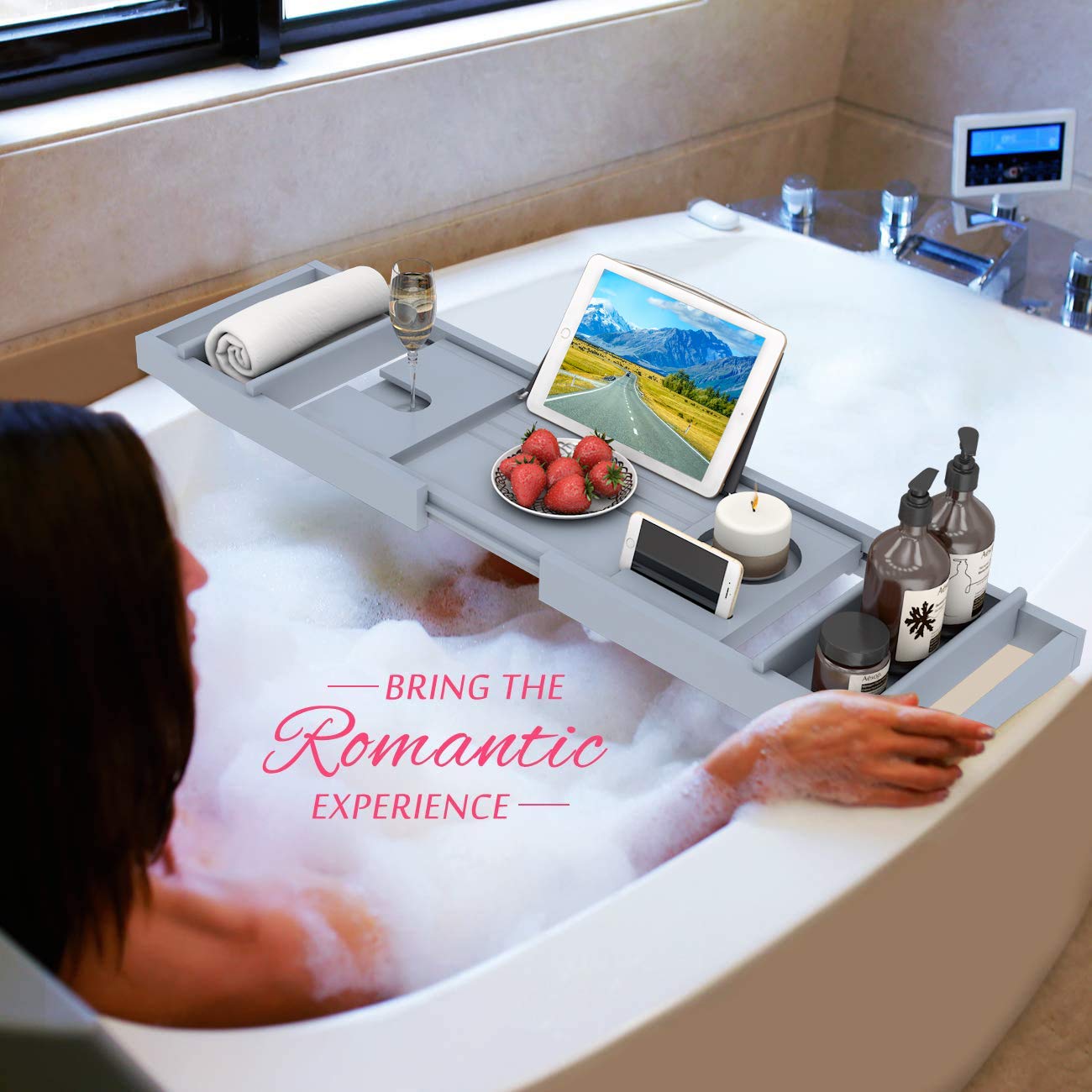 Domax Bandeja expandible de bambú para bañera con Soporte para Libros y jabonera Gratis (Gris, 74.7 cm-112.3 cmx 23.1 cmx4.19 cm)