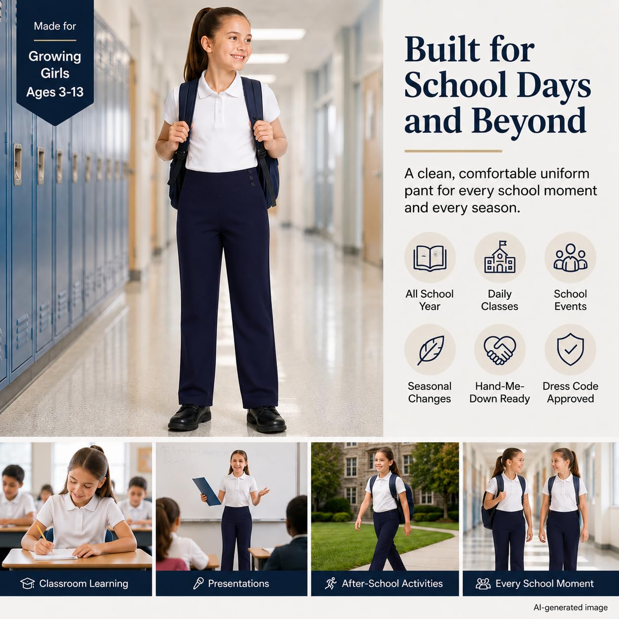 Bienzoe Chicas Escolar Uniforme Pantalones: Niñas Ajustable Cintura Duradero Pierna Recta Vestido Pantalones, Marina, 5