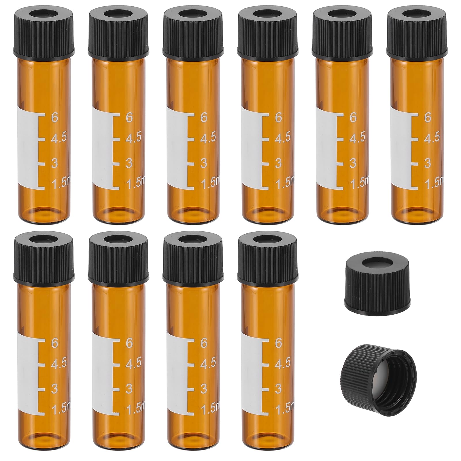 PATIKIL Viales Muestreo Automático 8 ml00 Viales HPLC/GC Con Septos Pre-Cortados 9-425 Viales Laboratorio Ámbar Con Tapa Negra Rosca Y Parche Escritura PTFE Silicona