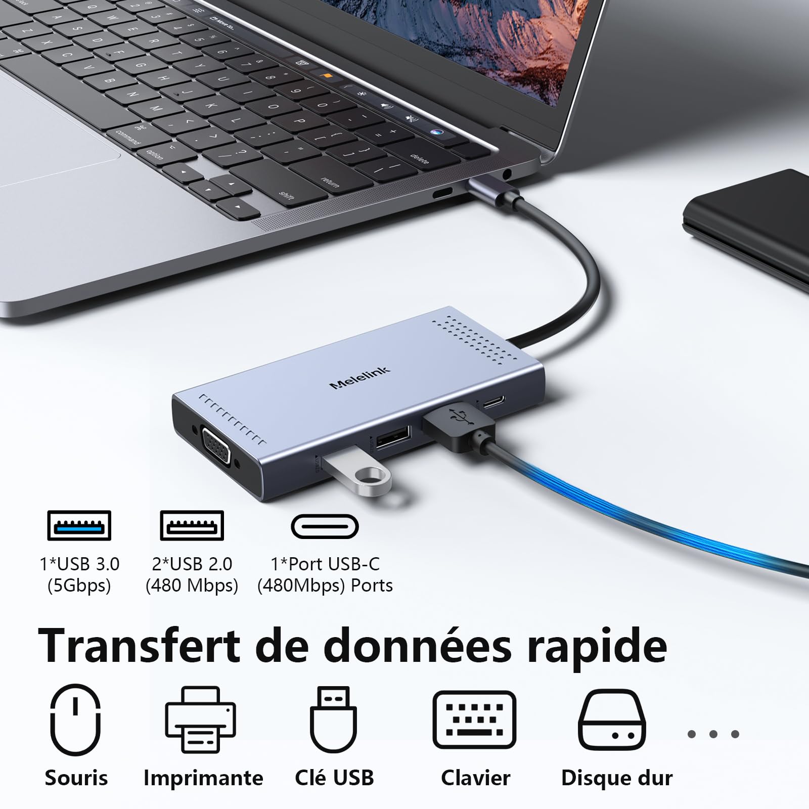 Dock USB C Double Moniteur, 9 en 1 Station d'accueil USB C Dual HMDI 4K 60Hz et 8K Displayport, VGA, PD 100W, USBC, USB 3.0, 2*USB 2.0, Docking Staion Hub USB C pour MacBook Dell HP Windows Microsoft