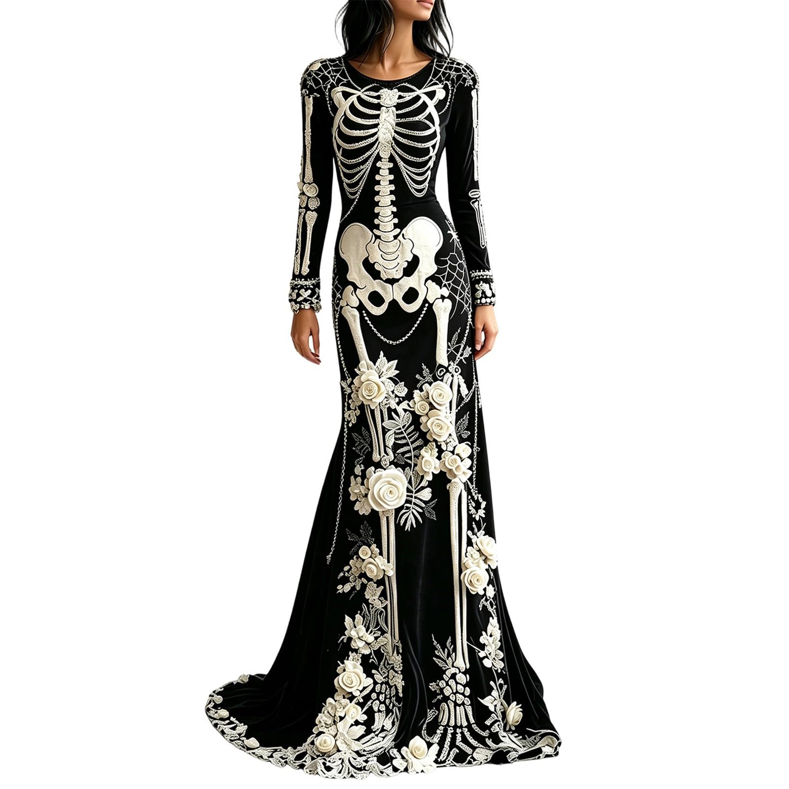 Women's Skeleton Print Mermaid Maxi Dress Long Sleeve Halloween Dresses for Women 3D Digital Print Floral Gothic Fancy Dress Costume โ image 1