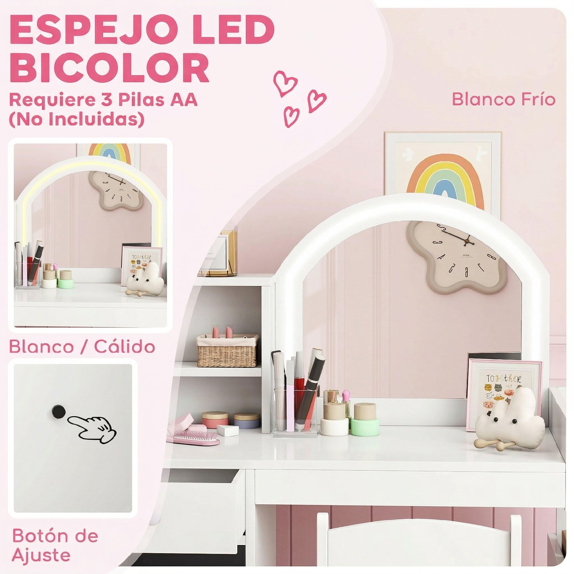 AIYAPLAY Tocador de Maquillaje Niña, Tocador Infantil con Taburete y Espejo con Luces LED, 1 Cajón, Armario y 5 Estantes, para Niños de 3 a 8 Años, Blanco