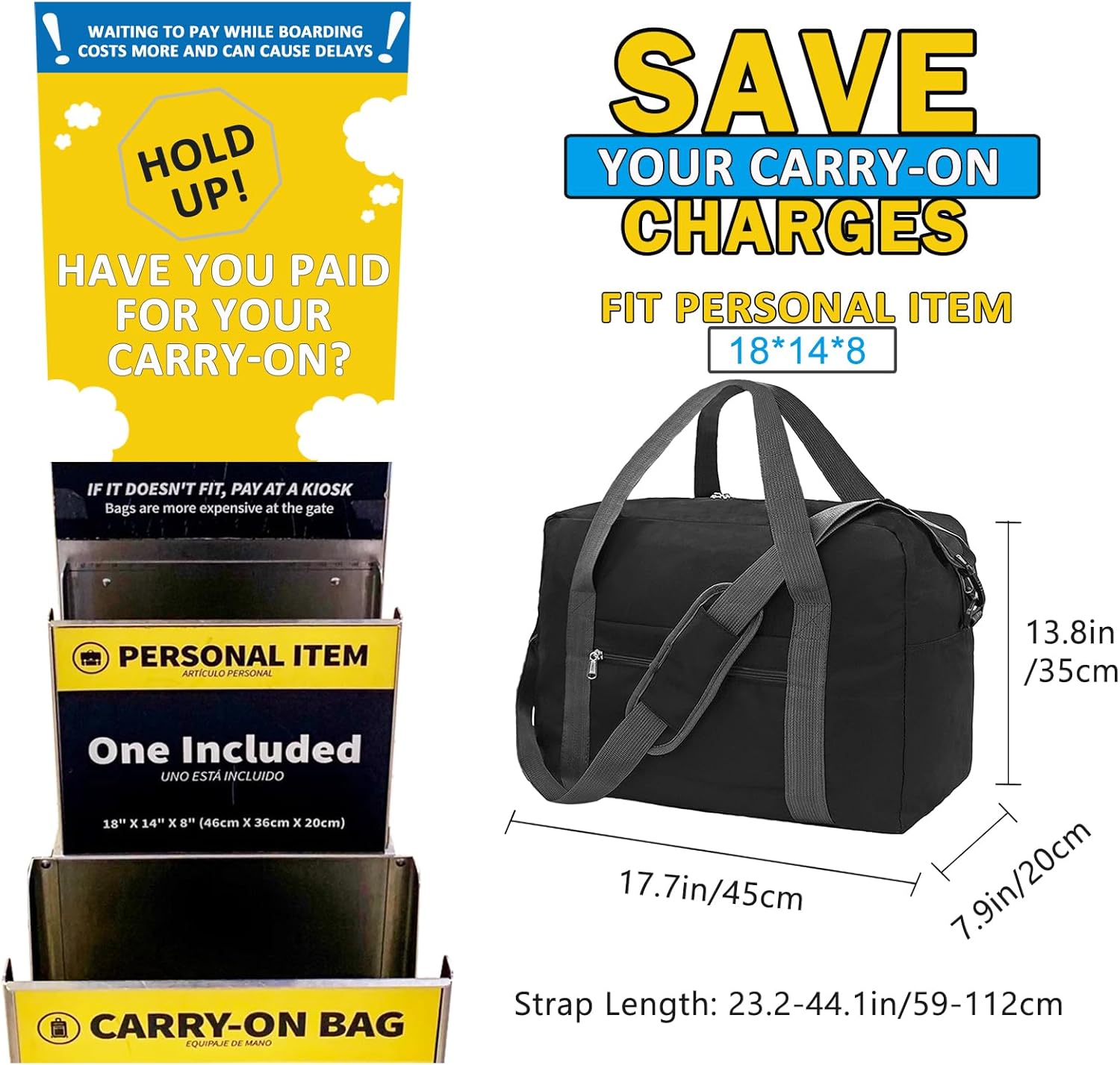 For Spirit Airlines Personal Item Bag 18x14x8 in Underseat Carry-on Luggage foldable Travel Duffle Bag for Airplanes(30L, Black) - Image 3