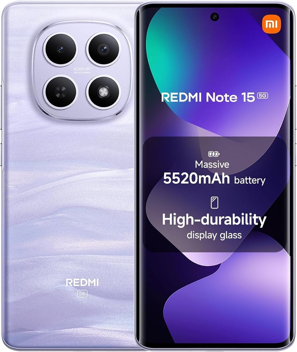 Redmi Note 15 5G Ai (Compatible con Tmobile Mint Tello Global) (256GB + 8GB) 6.77" NFC 120Hz 108MP Triple Cam Desbloqueado Modelo 25098RA98G Dual Sim (Mist Purple) | 108MP Cam,25098RA98G