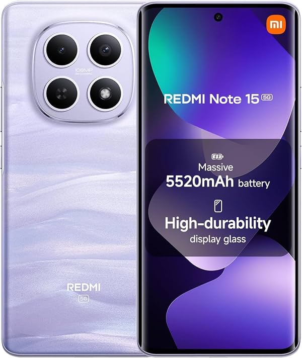 XIAOMI Redmi Note 15 5G Ai (compatible con Tmobile Mint Tello Global) (256GB + 8GB) 6.77" NFC 120Hz 108MP Triple Cámara Desbloqueado Modelo 25098RA98G Doble SIM (Púrpura Niebla) | 108MP Cámara,25098RA98G