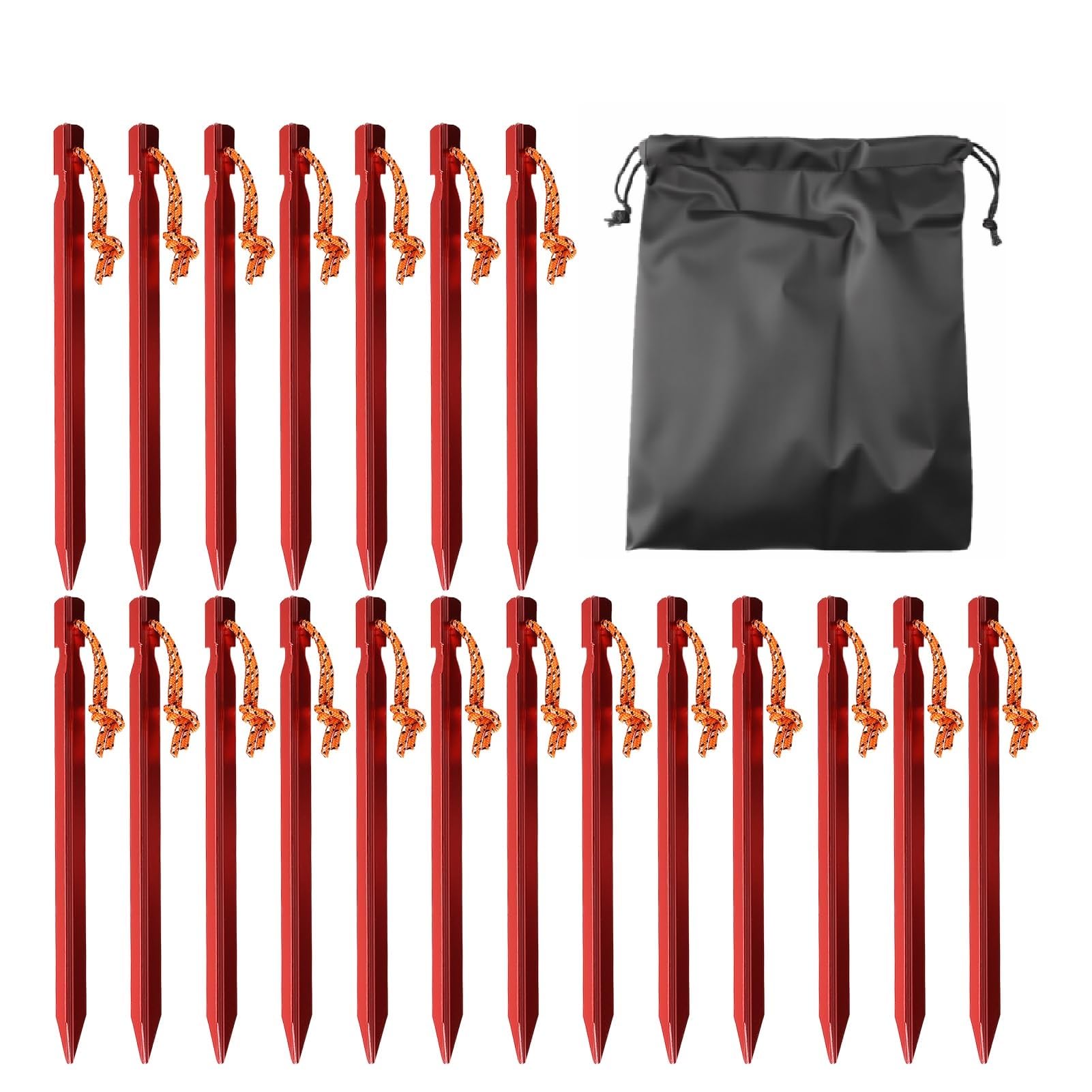 Aluminium Tent Pegs Heavy Duty, 20 Pack Red Camping Ground Pegs with Reflective Ropes and Carry Bag, 18cm Metal Tent Stakes, for Beach Hiking Tarps Hammock Outdoor Use