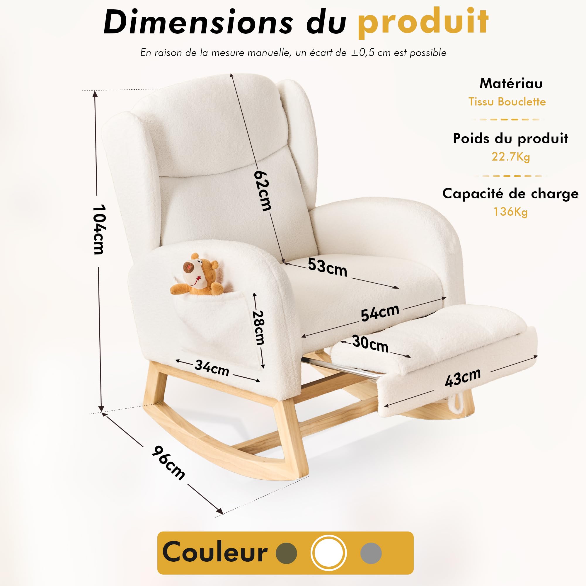 DEKKETO Fauteuil à Bascule avec Repose-Pieds - Rocking Chair Allaitement à Dossier Haut et Poche, Chaise a Bascule à Oreilles en Bouclette, pour Salon, Chambre Bebe, Blanc