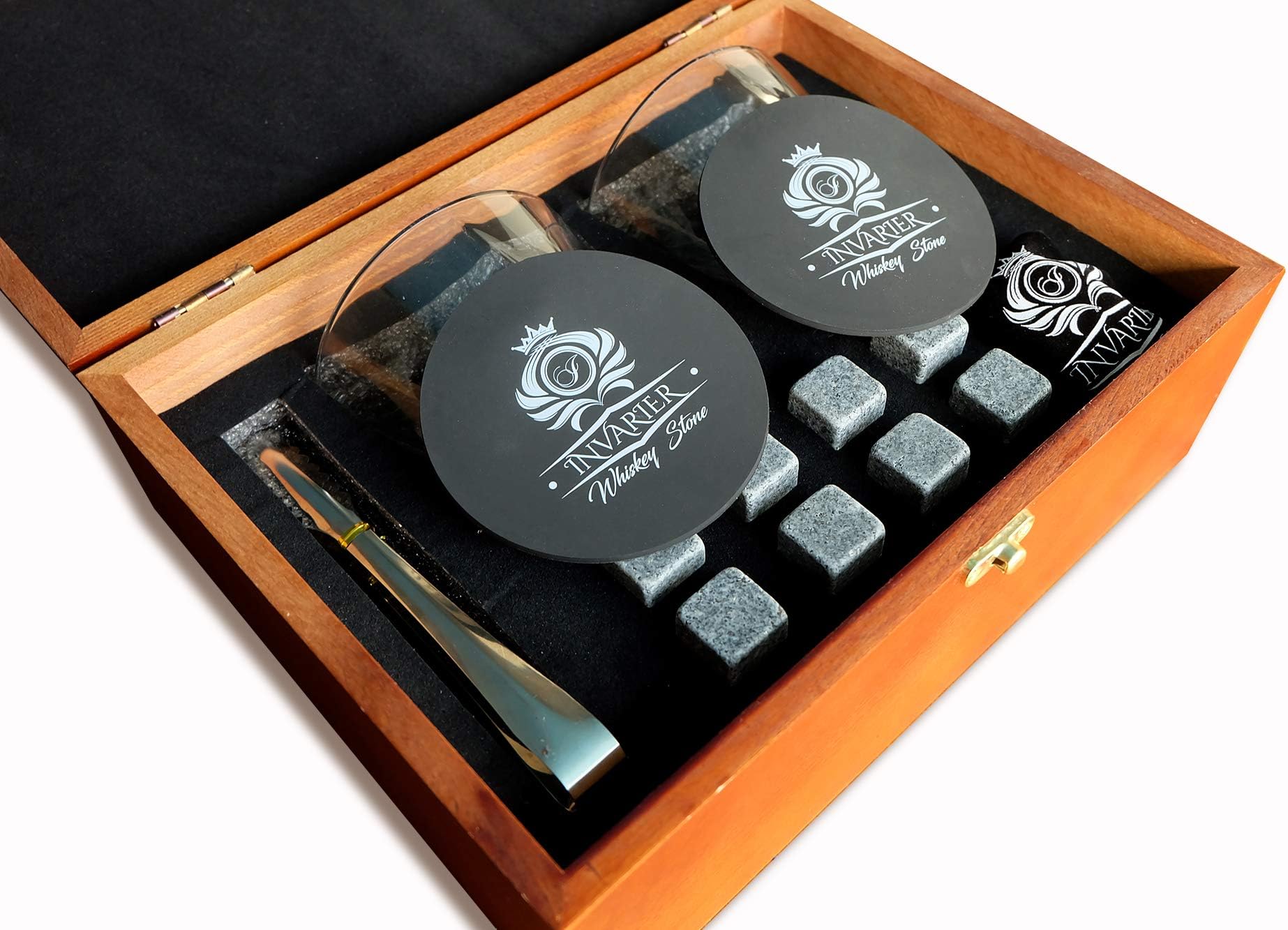 Whiskey Stones and Glass Gift Set - 8 Reusable Granite Chilling Rocks, 2 Large Whiskey Glasses, 2 Coaster, Velvet Pouch & Tongs in Elegant Wooden Box