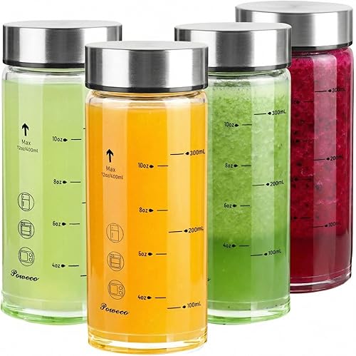 Miniatura 15 de Botellas de vidrio para jugo, paquete de 4 botellas de agua de vidrio de boca ancha con tapas, para jugos, proteínas, licuados, leche, 4-Paquete