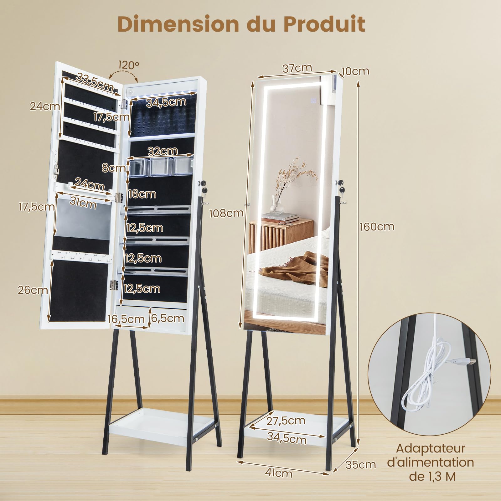 COSTWAY Armoire à Bijoux sur Pied, Miroir Pleine Longueur avec Lumières LED 3 Couleurs, Interrupteur Tactile, Porte Verrouillable(Blanc)