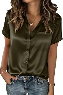Zeagoo Women's Satin Silk Button Down Blouse Short Sleeve V-Neck Business Casual Tops