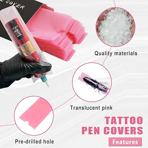 Miniatura 3 de LEEYUKA 200 fundas grandes para bolígrafos de máquina de tatuaje con 6 piezas de cinta de agarre para máquina de envoltura de máquina de tatuaje,