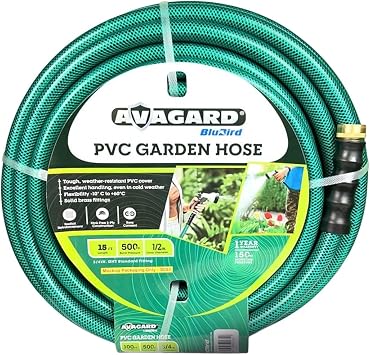 AVAGARD AVGPV1215 PVC Water Hose 1/2" x 15 - Kink-Resistant, Durable, Flexible, 500 PSI Burst Pressure, Includes 3/4" Male & Female GHT Set for Garden, Landscaping & Outdoor Use