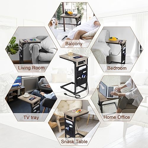 Miniatura 20 de AMHANCIBLE HET04CBK - Mesa auxiliar en forma de C con estación de carga, juego de 2 bandejas de TV, mesas de sofá con bolsa de almacenamiento, mesa