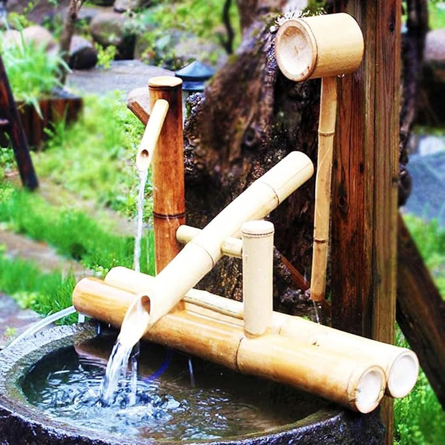 Solar Bamboo Fountain Kit, Handmade Outdoor Water Feature, Circulating Fountain for Fish Tank, Japanese Garden Zen Decoration, Landscape Ornament for Pond Bird Bath Patio,