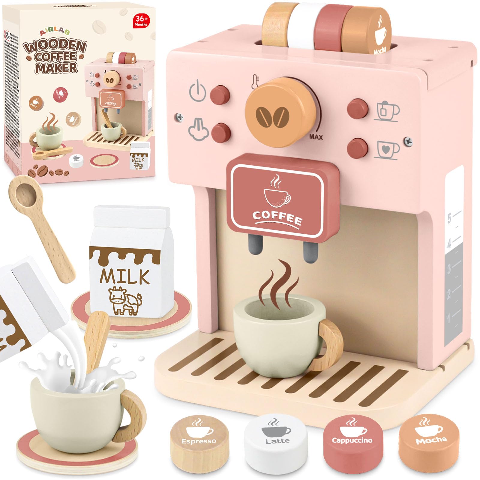 Airlab Kinderküche Kaffeemaschine Kinder Holz, Spielküche Zubehör Kaffeeservice Spielset, Küchengeräte Kaffeeset Kinder Spielzeug, Pädagogisches Holzspielzeug Rollenspiel Geschenk für Kleinkind, Rosa